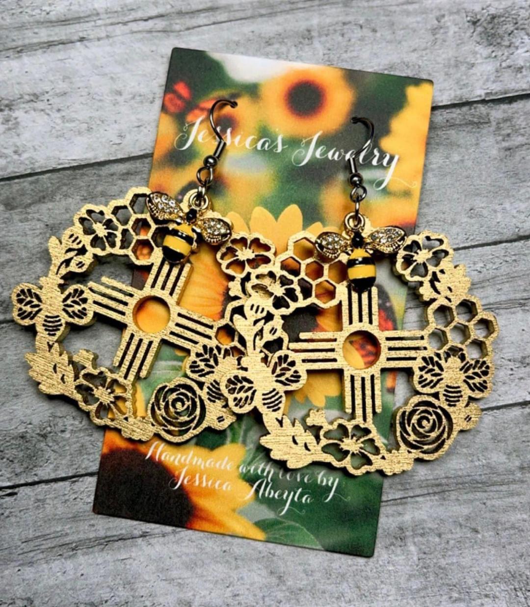 "Honeycomb Zia earrings with Bee charm"