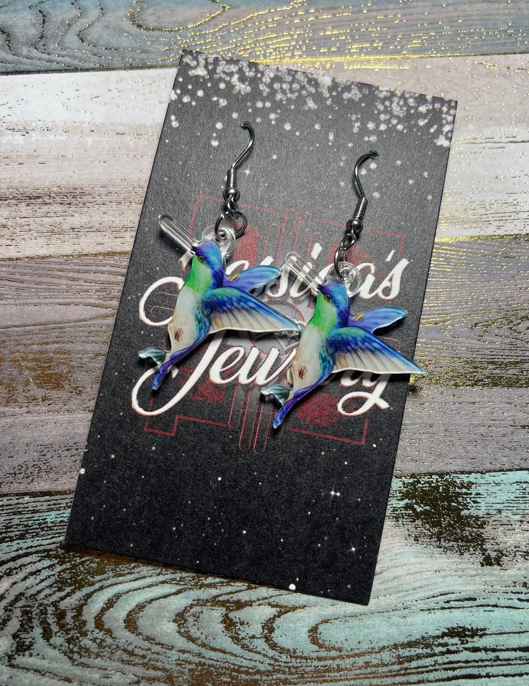 Acrylic Blue and Green hummingbird earrings
